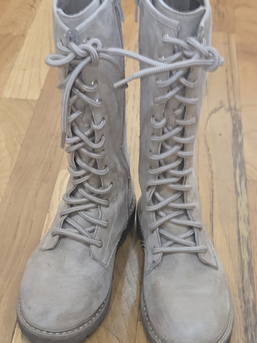 Girls Lace-Up Combat Boots in Light Tan/ Beige